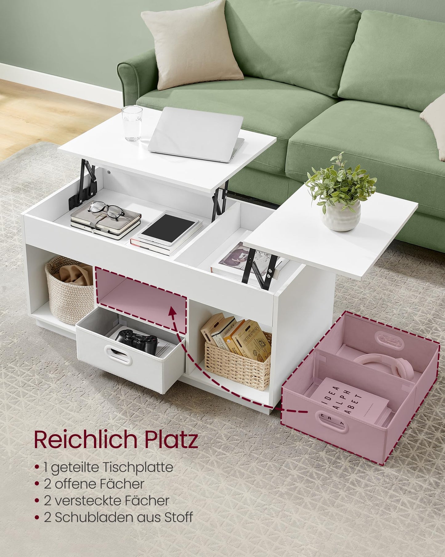 VASAGLE coffee table, adjustable in height, 2 drawers and hidden compartments, open storage shelves, for living room, home office, snow white LCT210W01