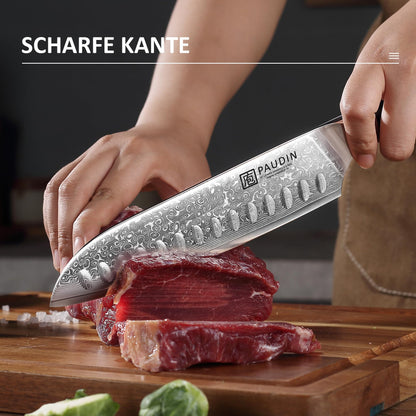 PAUDIN Damascus knife set, 3-piece knife set with ultra sharp Santoku knife kitchen knife made of 67 layers of Damascus steel with a Japanese VG10 steel core, ergonomic G10 handle.