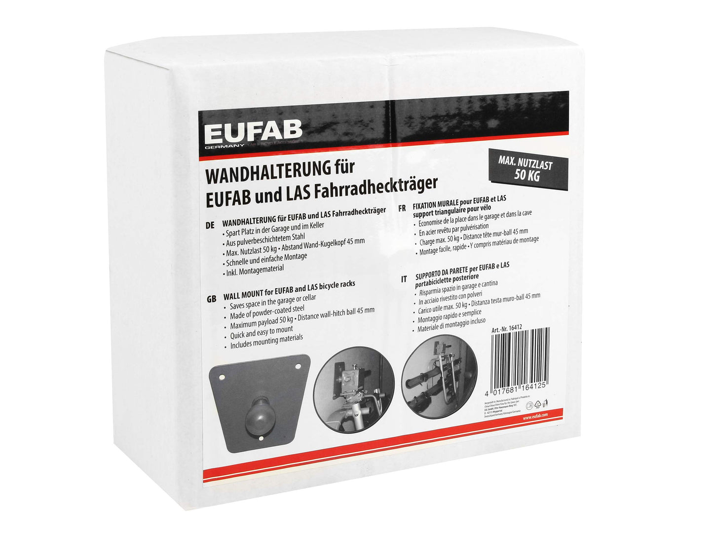 EUFAB 16412 Wall Mount, suitable only for EUFAB and LAS bike racks, Alloy steel.