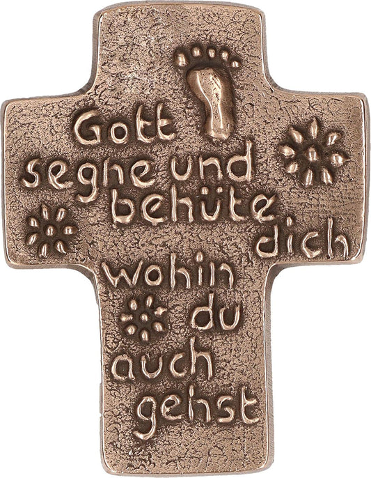 Butzon & Bercker bronze baptismal cross - "God bless and keep you wherever you go" (10 x 8 cm) - high-quality, patinated symbol cross, stylish gift for baptism - lovingly designed