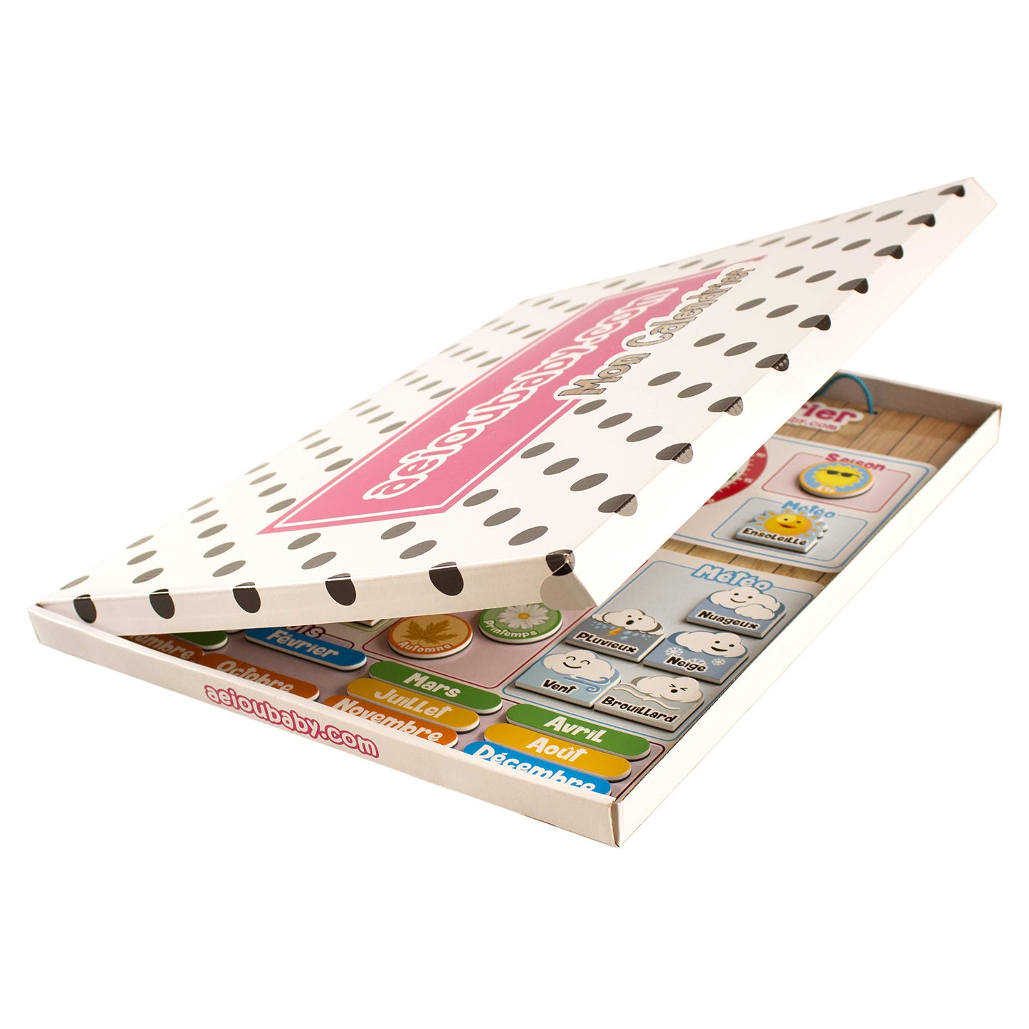 MAGNETIC KIDS CALENDAR CLOCK, Educational game Date Weather and Time for Wall or Fridge, 43x32cm. Ideal box as a gift for children's birthday at school or kindergarten. (French)