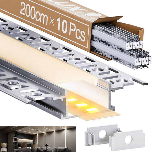 10x LED drywall profile 2M for 20mm LED strips - Aluminum flush-mounted profile for drywall, compatible with Philips Hue & Groove, ceiling wall indirect lighting (LED Drywall Profile -2M, 10)
