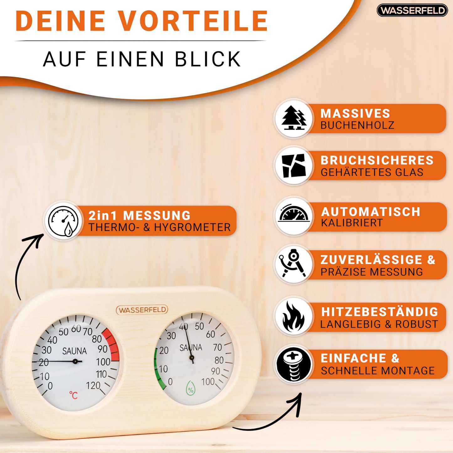 WASSERFELD® Sauna Thermometer Hygrometer [2in1 Function] Precise sauna thermometer for accurate temperature & humidity measurement - Sauna hygrometer with tempered glass - Sauna accessory...