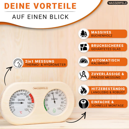 WASSERFELD® Sauna Thermometer Hygrometer [2in1 Function] Precise sauna thermometer for accurate temperature & humidity measurement - Sauna hygrometer with tempered glass - Sauna accessory...