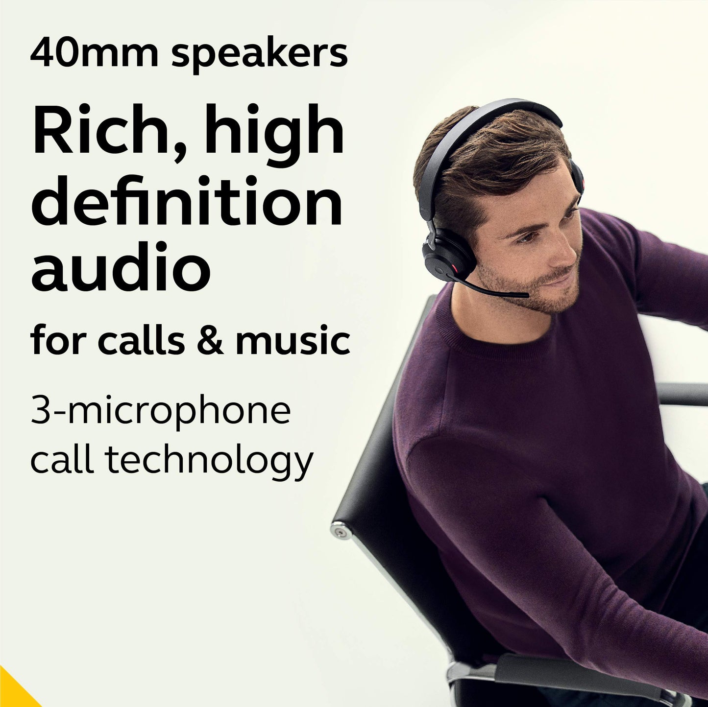Jabra Evolve2 65 is a wireless PC headset with a charging stand. It has noise-canceling, Microsoft Teams certification, stereo sound, and a long-lasting battery. The set includes a USB-A Bluetooth adapter. Available in black.