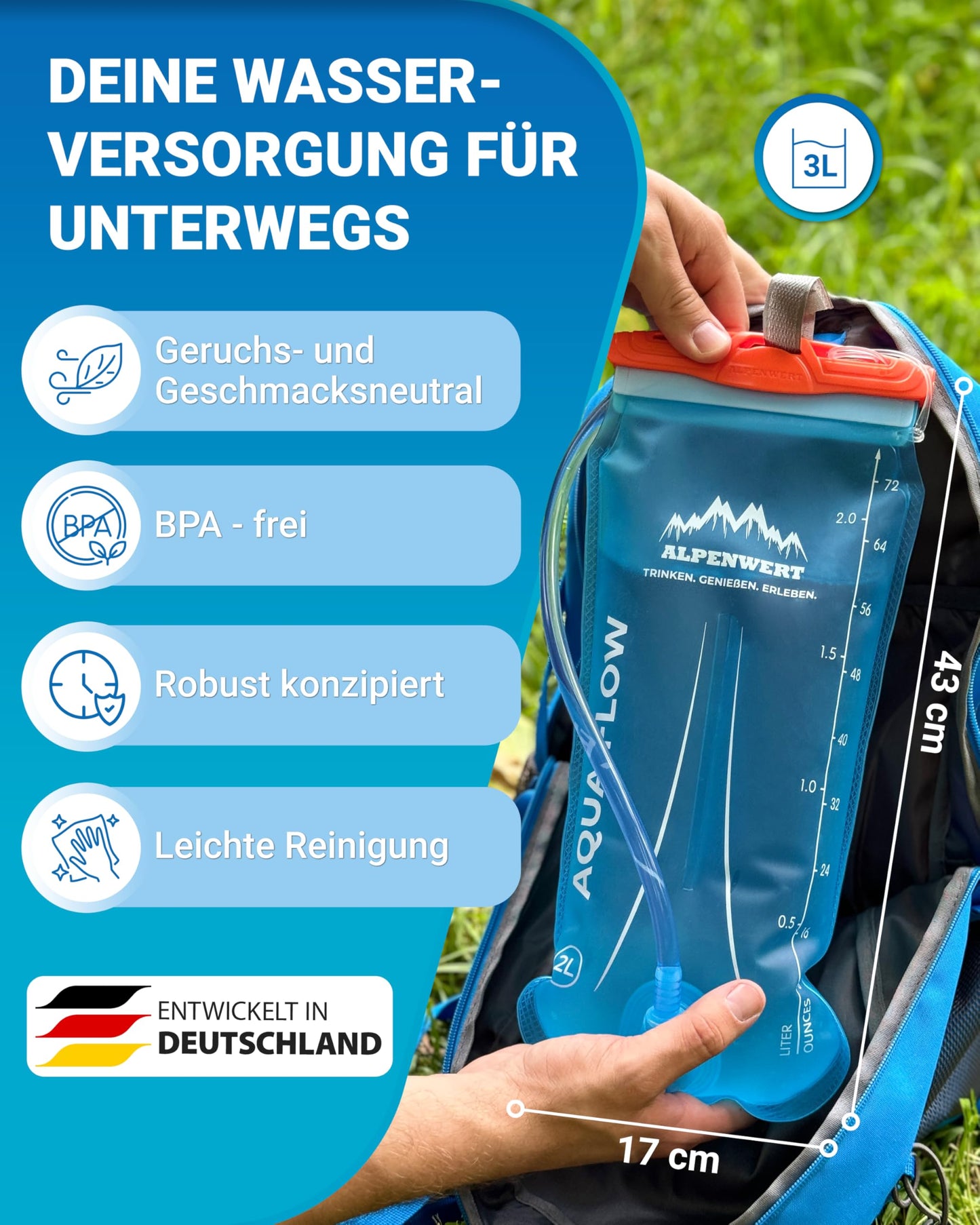 Alpenwert® Hydration Bladder with Hose [2L/3L Water Reservoir BPA FREE] Ultralight Hydration System for Backpack ideal for Outdoor, Running, Trailrunning (3 Liter)