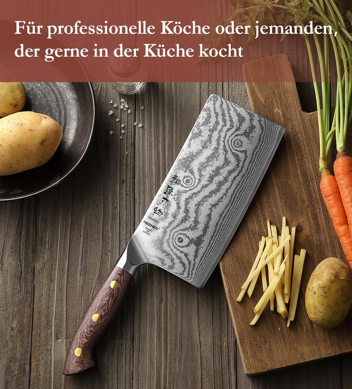 HEZHEN 18cm Cleaver, Professional Chinese Chef Knife, Damascus Steel Sharp Kitchen Knife, Vegetable Meat Cleaver Cutting Knife, Ergonomic Micarta Handle