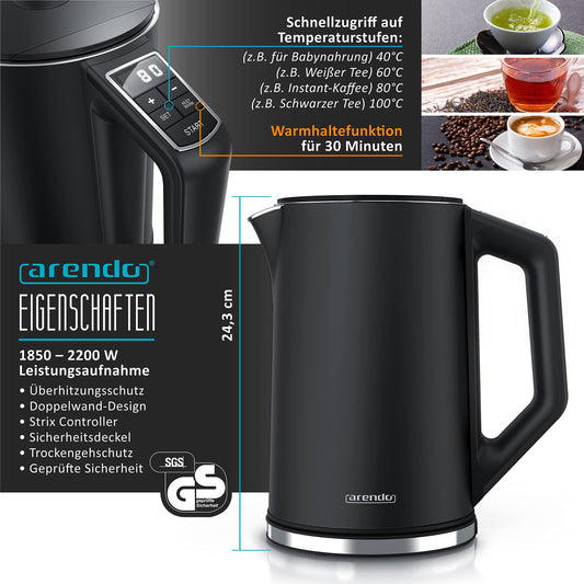 Arendo - Kettle with Toaster Set Stainless Steel Black, Kettle 1.5L 40°-100°C Keep Warm Function, Toaster 4 slices LED Display 6 Browning Levels Bun Attachment