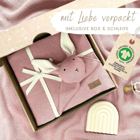 DIKOS Original 2-in-1 Baby Blanket & Snuggle Bunny (Blush) – a lovely gift for newborns made from soft organic cotton (GOTS) – perfect as baby girl's first cuddly toy at birth