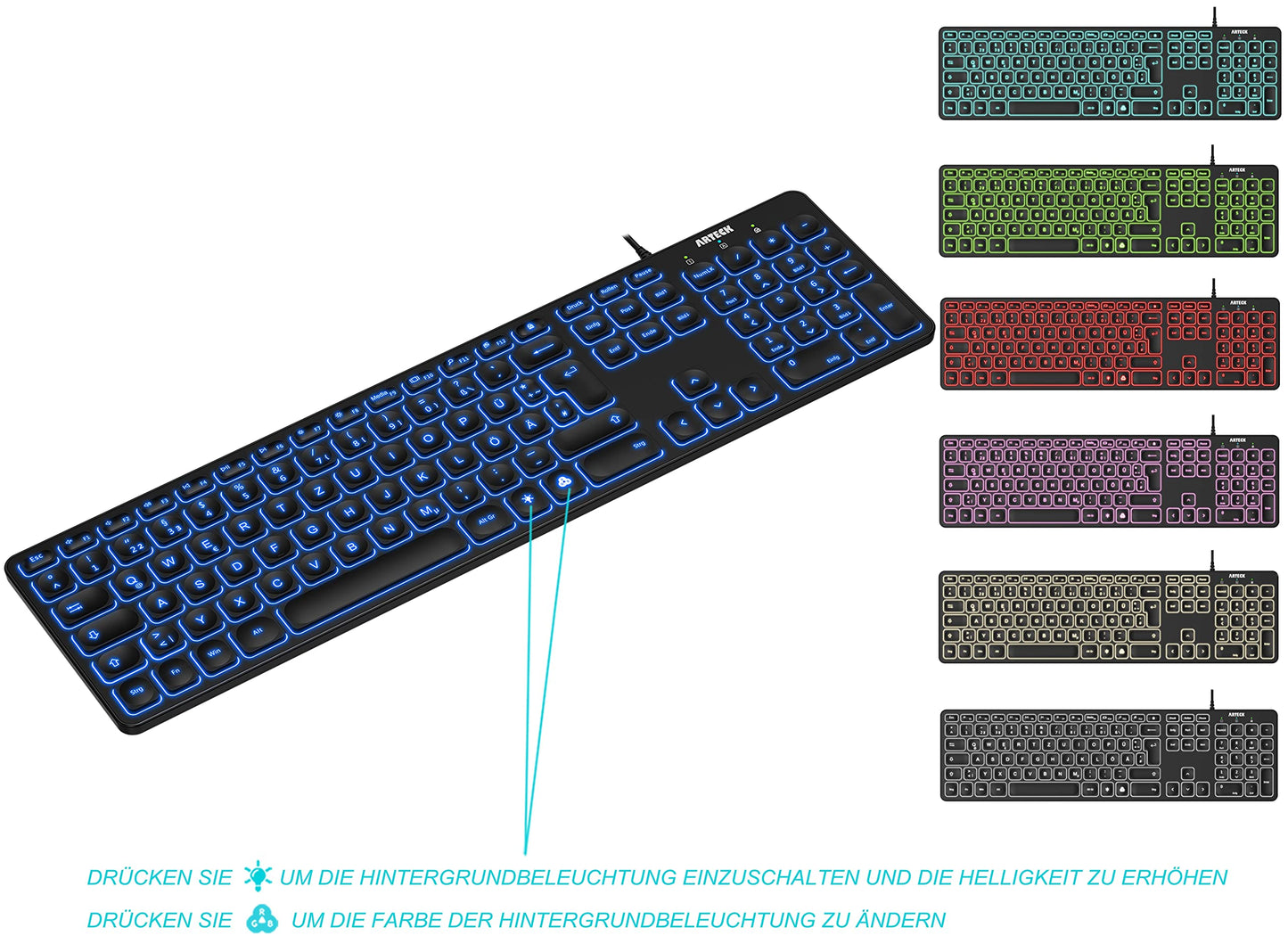 Arteck USB Wired Keyboard Backlight 7 Colors & Adjustable Brightness Full Size Keyboard with 1.8m Long Cable, Numeric Keypad, for Computer Desktop Laptop and Windows 11 10