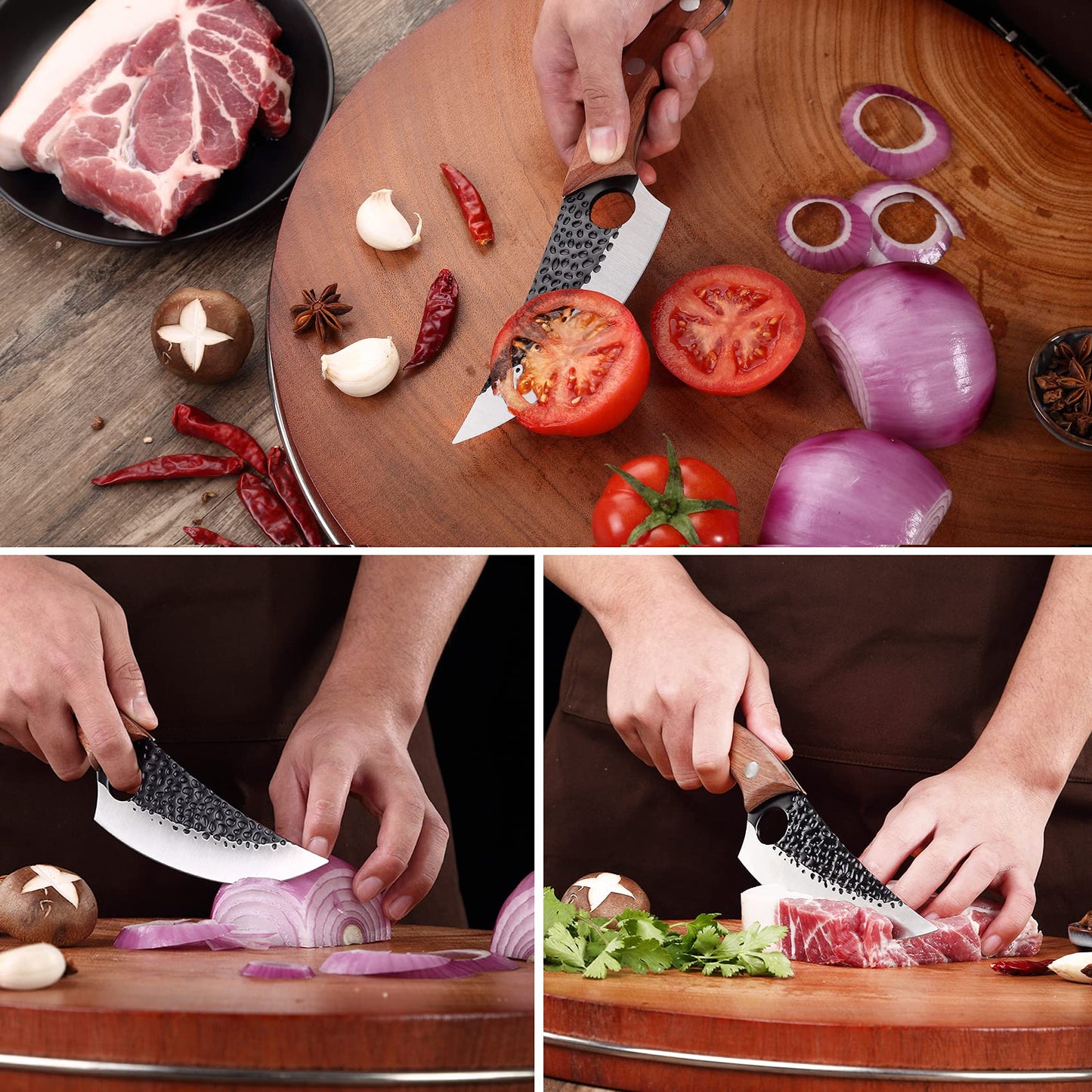 ZQD 6-inch Japanese knife with leather sheath, forged chef's knife kitchen knife with finger hole wooden handle, sharp boning knife outdoor cleaver for vegetables and meat.