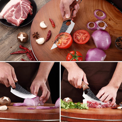 ZQD 6-inch Japanese knife with leather sheath, forged chef's knife kitchen knife with finger hole wooden handle, sharp boning knife outdoor cleaver for vegetables and meat.