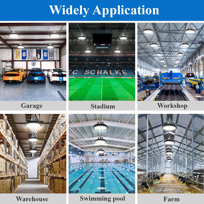 150W LED high bay light, 21000LM warehouse lighting, IP65 waterproof UFO high bay light, 5500K industrial LED lamp for workshop garage warehouse, cool white.