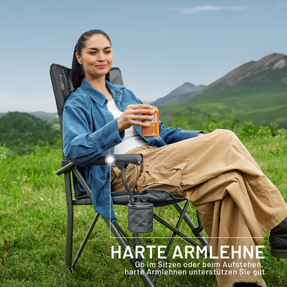 TIMBER RIDGE folding camping chair with high backrest, 150kg capacity, portable with drink holder, sturdy armrest. Perfect for picnics, garden, balcony, and sports events.