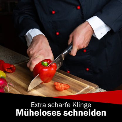 DarBene C-Series 3-piece professional kitchen knife set made of German stainless steel, includes 18cm fillet knife, 20cm chef's knife, and 18cm Santoku knife. Extremely sharp blades, ergonomic ABS handle, and can be sharpened.