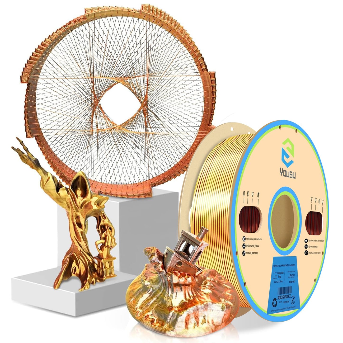 YOUSU Tricolor PLA Filament, 3D Printer Filament 1.75mm(±0.03mm), Silk Gold/Copper/Black Tricolor Filament, Compatible with Most FDM Printers, 1kg/2.2lbs
