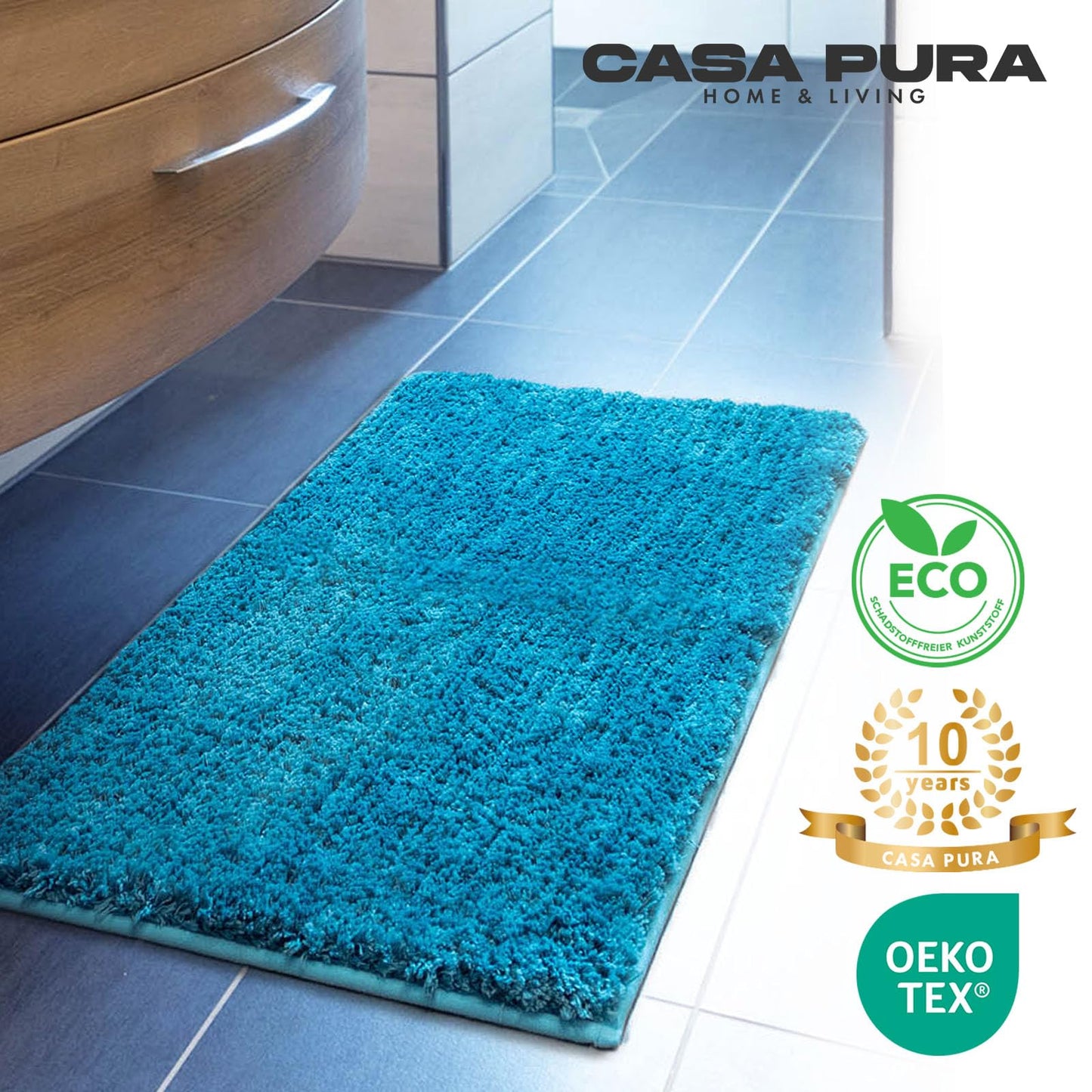 casa pura turquoise bath mat soft, fluffy bathroom rug in shaggy look, non-slip washable bath mat - shower mat, carpet floor mat for bathroom, shower 60x100 cm, Sky Soft