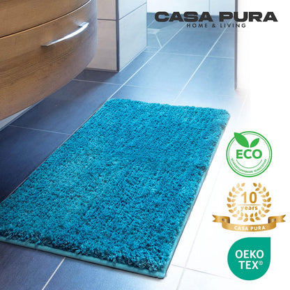 casa pura turquoise bath mat soft, fluffy bathroom rug in shaggy look, non-slip washable bath mat - shower mat, carpet floor mat for bathroom, shower 60x100 cm, Sky Soft