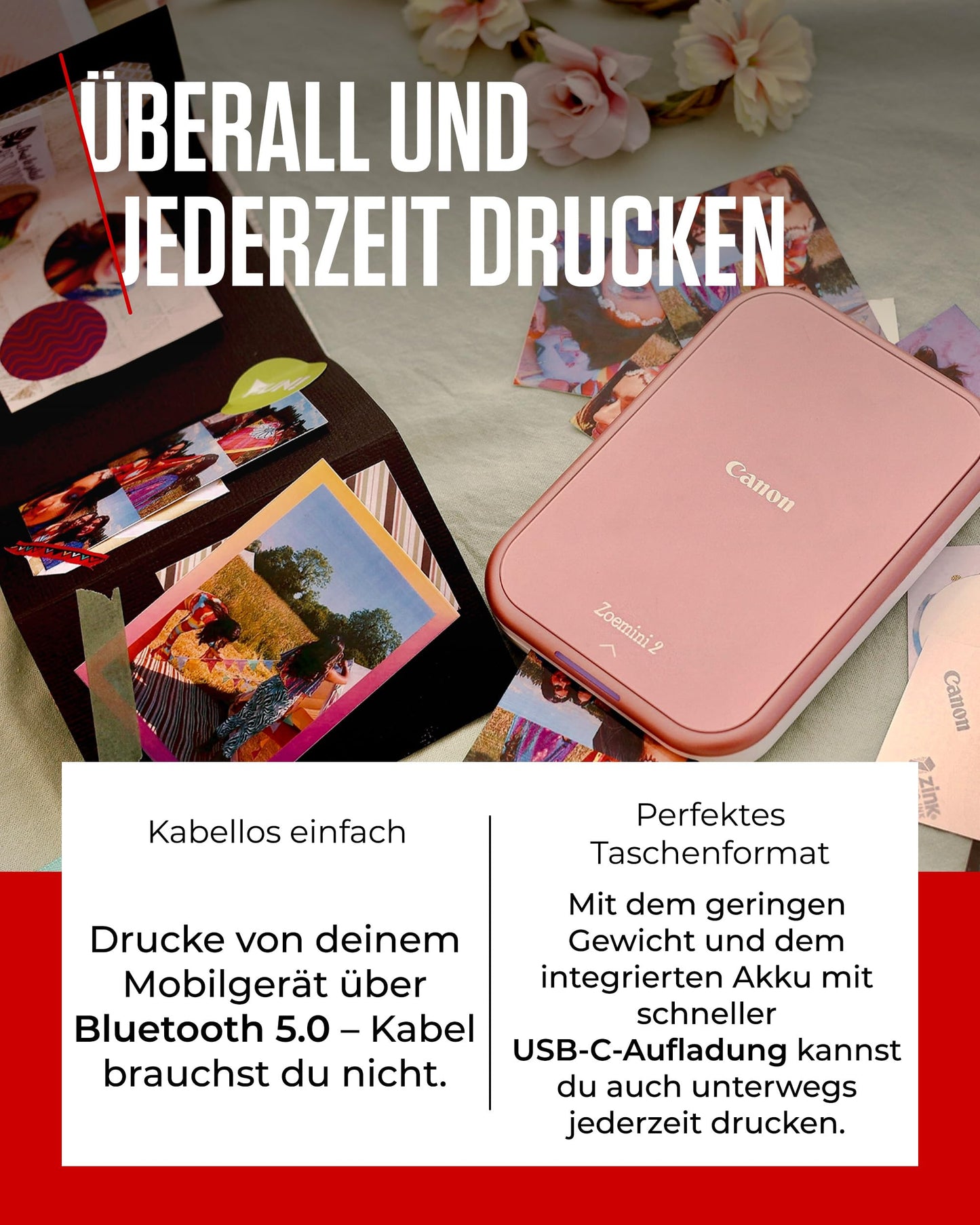 Canon Zoemini 2 Printer Set: Create and print memories anywhere - Compact, portable photo printer - Bluetooth 5.0 - Fast USB-C charging on the go (Rose Gold)