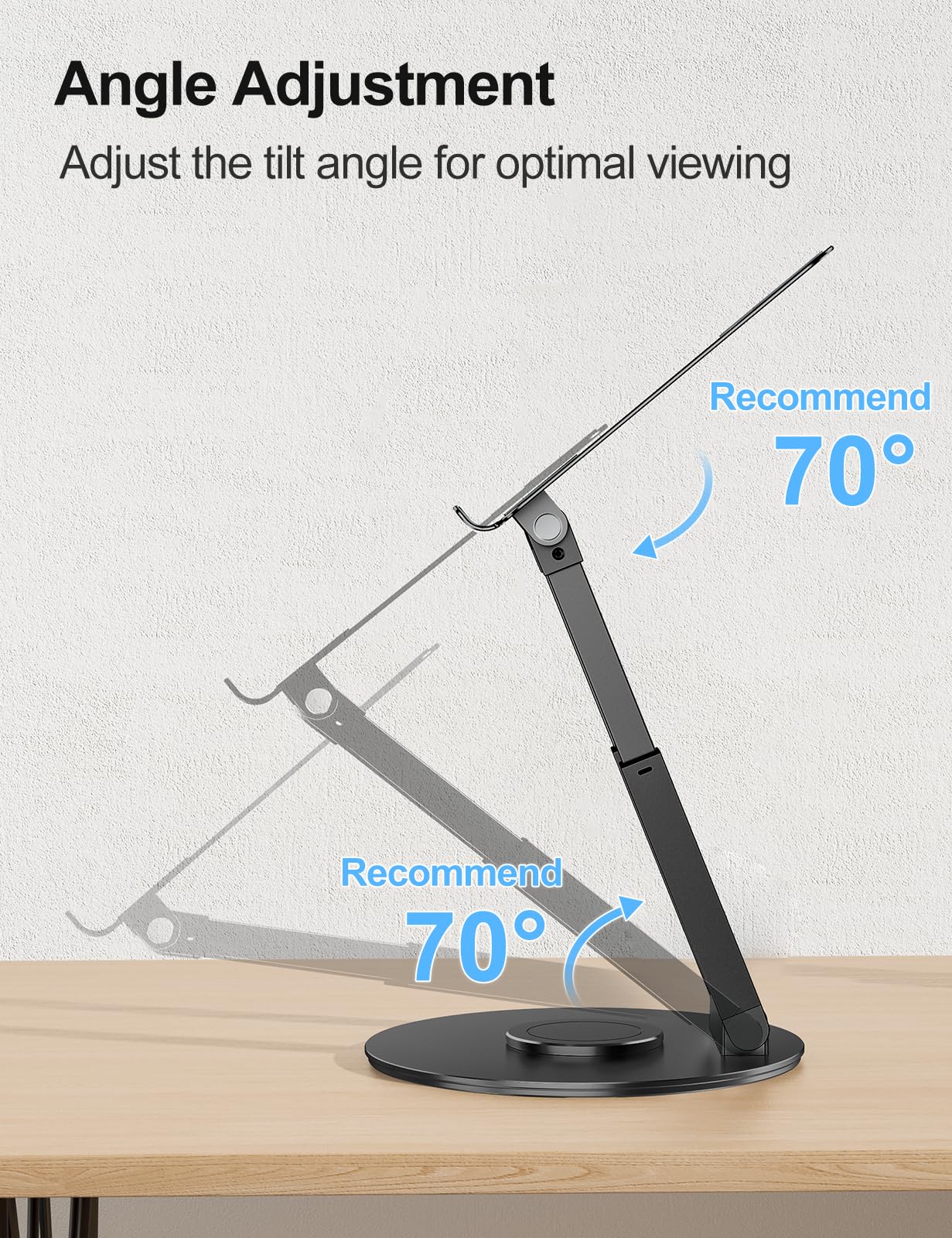 Adjustable height laptop stand with 360° swivel base, ergonomic design, ideal for standing desks. Compatible with MacBook Pro and laptops 10-17 inches. Black color.