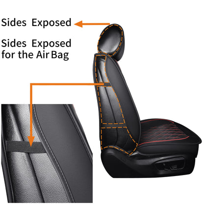 2 pieces of black and red leather car front seat covers with rhombus pattern - Universal fit for most cars - Airbag compatible - Durable faux leather - Easy installation.
