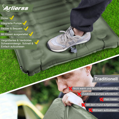 Arliers self-inflating sleeping pad, 12CM thick air mattress for camping with foot pump and pillow, Anti-Ripstop portable sleeping mat for hiking, travel, beach - army green.