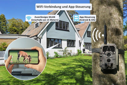 Meidase P100P Trail Camera WiFi Bluetooth, 48MP 1296P, 27m detection range, 0.1s motion activation, IP66 waterproof, mobile app transfer, 8000mAh rechargeable battery.