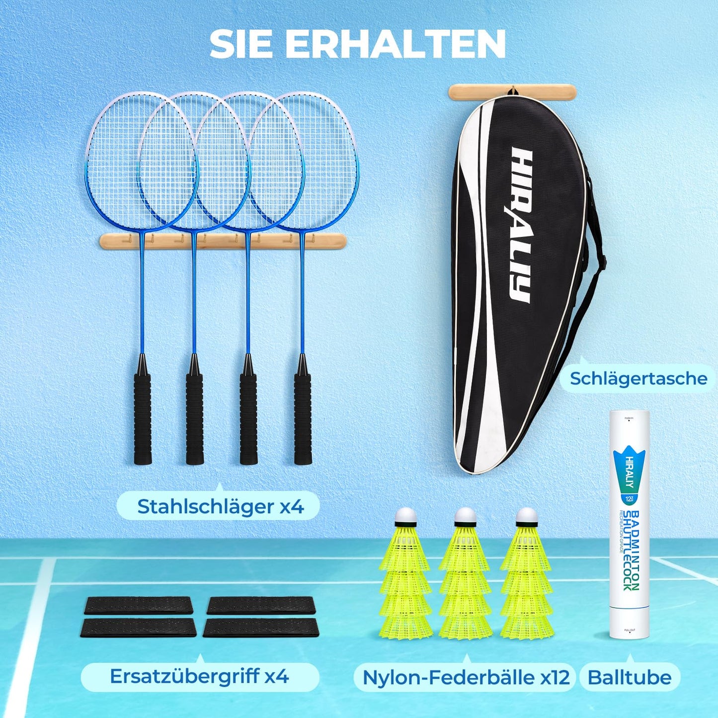 HIRALIY Badminton racket set for outdoor games, lightweight shuttlecock 4-piece set for kids & adults & beginners, includes 4 rackets, 12 nylon shuttlecocks, 4 replacement grip tapes, 1 carrying bag