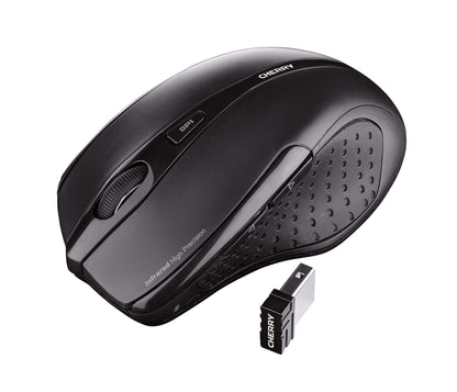 CHERRY MW 3000, Wireless ergonomic mouse for right-handers, 2.4 GHz, 6 buttons, optical sensor, rubberized side grips, battery powered, black.