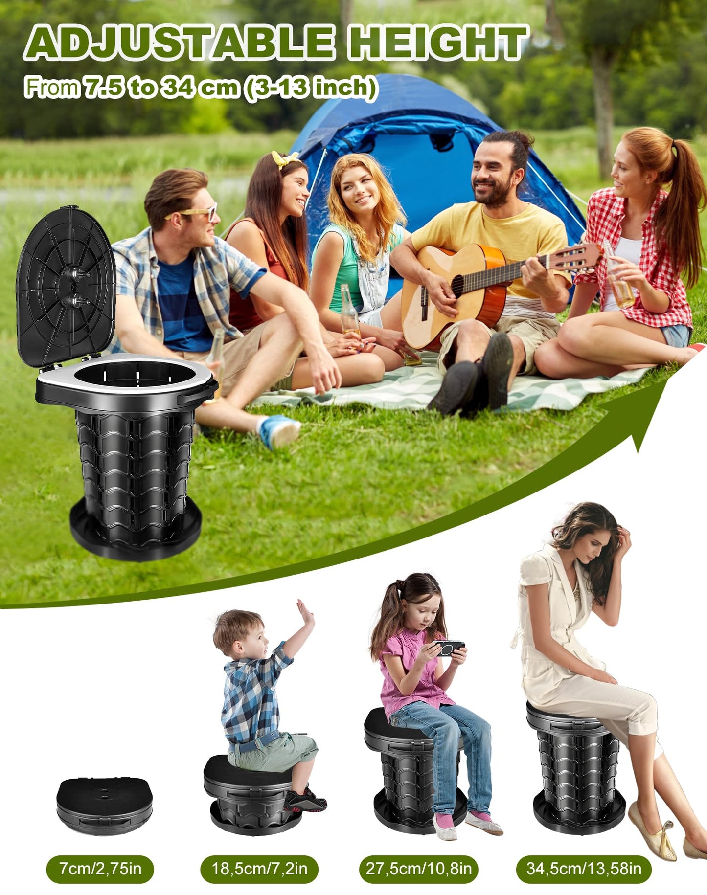Folding camping toilet with toilet bag, portable toilet with lid, 34cm height, stable, max 400 lbs weight capacity, for outdoor camping, grilling, travel, fishing, beach, self-driving.