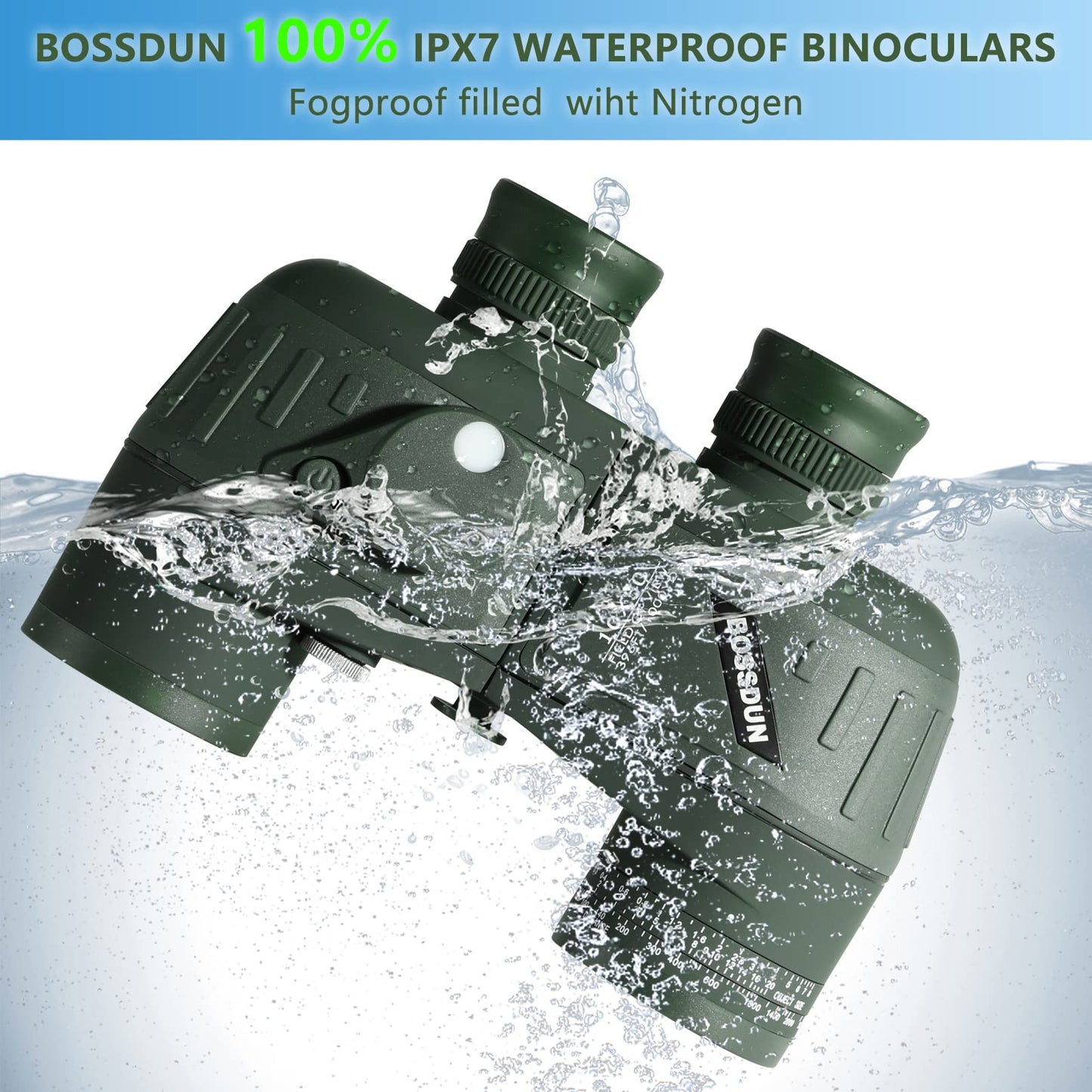10x50 Marine Binoculars with night vision rangefinder and compass, perfect for water sports enthusiasts and hobby sailors. Includes carrying case, dust caps, and neck strap.