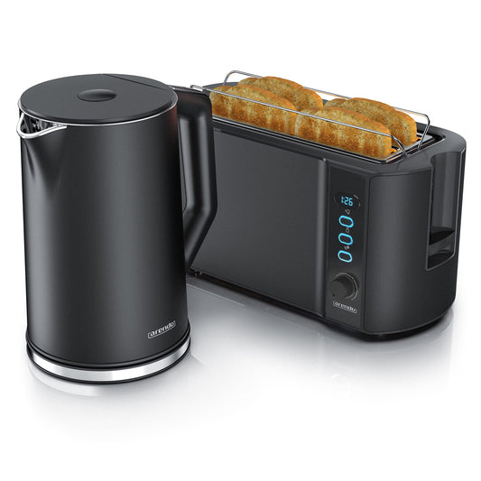 Arendo - Kettle with Toaster Set Stainless Steel Black, Kettle 1.5L 40°-100°C Keep Warm Function, Toaster 4 slices LED Display 6 Browning Levels Bun Attachment