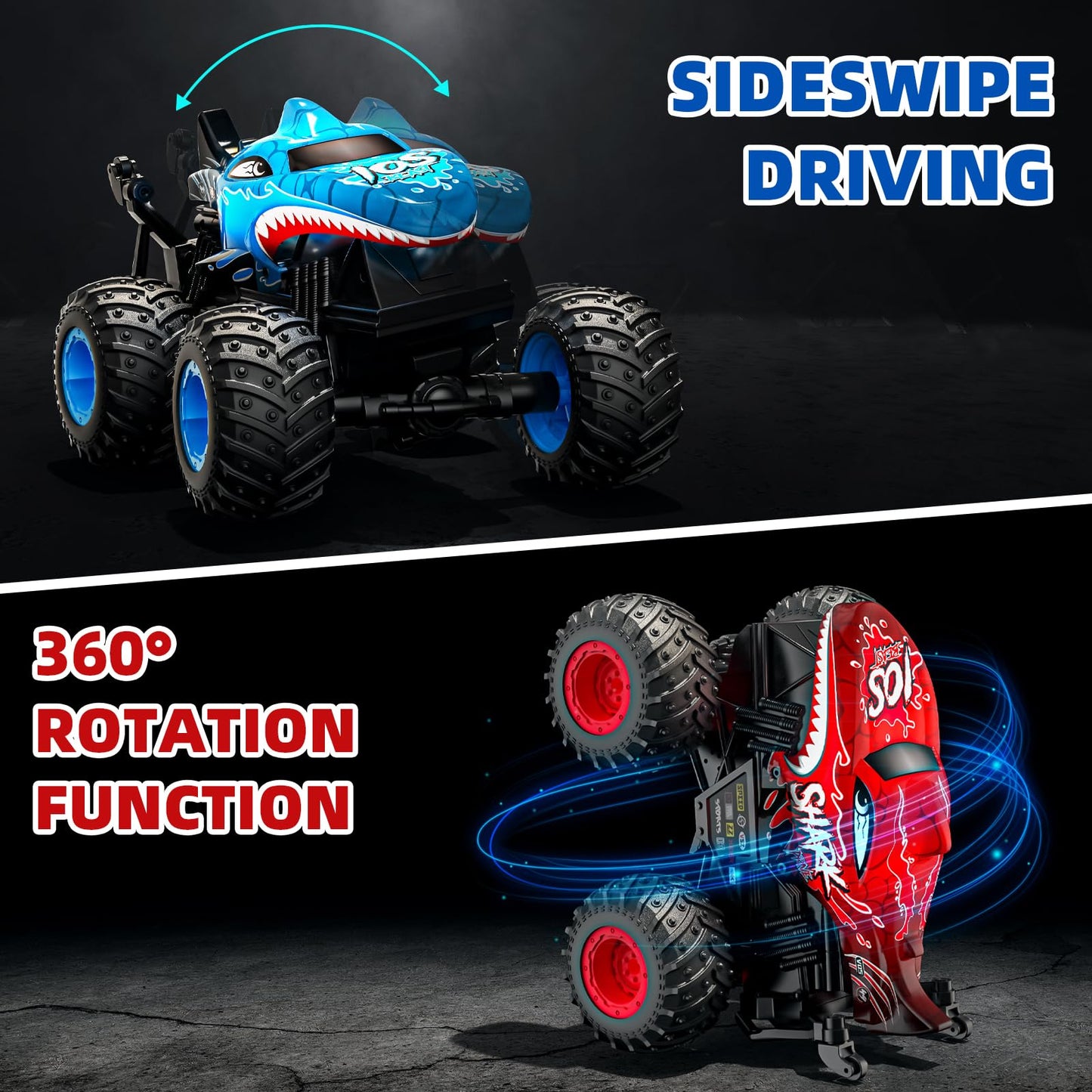 ACAMMZAR Remote Control Car, 2.4GHz 20+km/h RC Monster Truck with 2 Batteries 60 Mins+, RC Stunt Toy Car Spray Mist Music, for 6 7 8 9 10 Year Old Kids Adults, Red