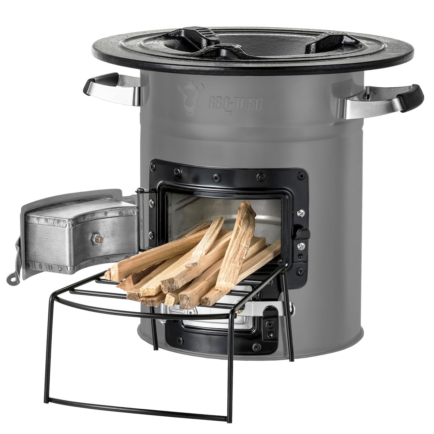 BBQ-Toro Rocket Stove ROCKET #2, Grey | Rocket Stove for Dutch Ovens, grill pans, and more | Rocket stove with firewood rack and air intakes | Fire pit for Dutch Ovens.