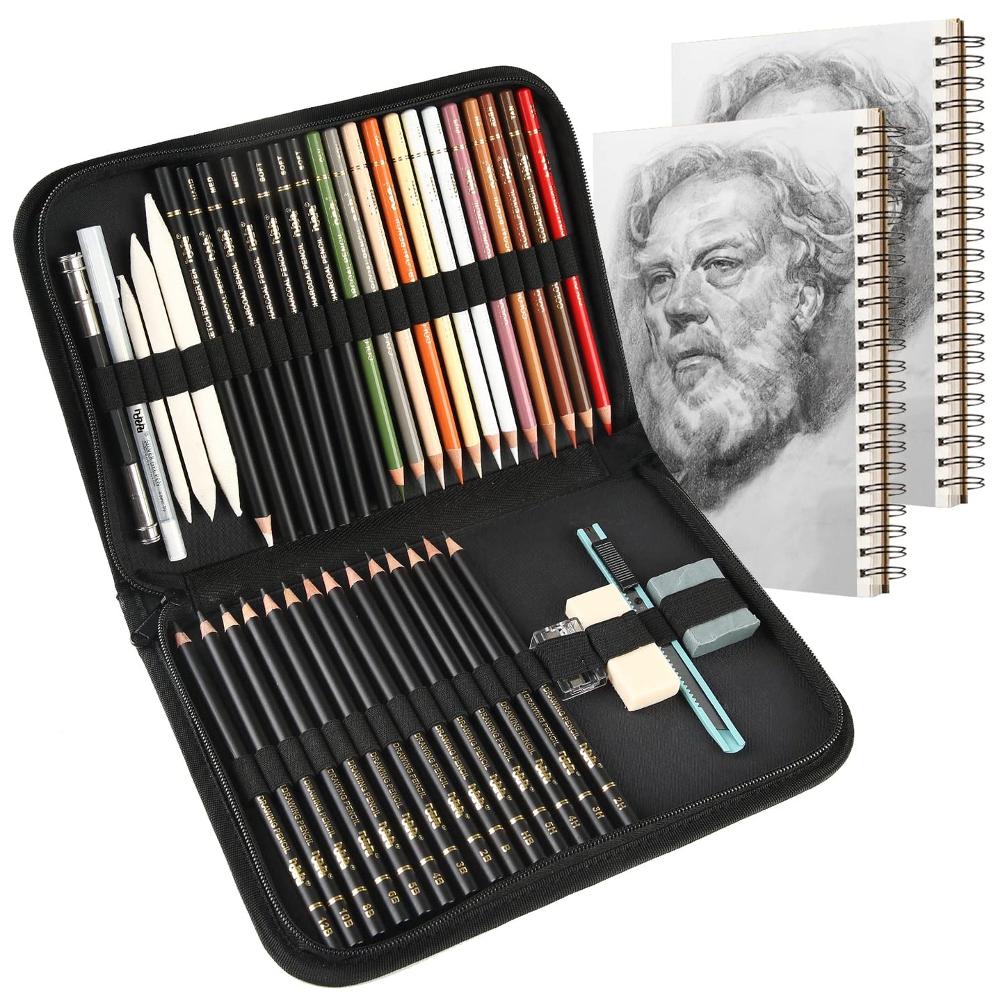 Set of colored charcoal pencils, professional sketching tool with blending stump, kneadable artist eraser, sharpener. For artists, beginners, adults, teenagers. BW-CPS-N01.