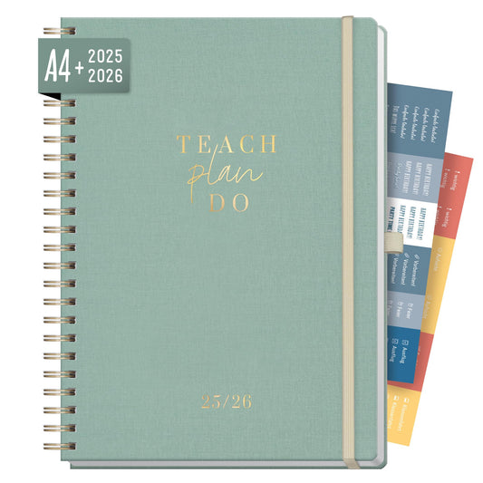 Häfft® Teacher Planner 2025/2026 A4 + Deluxe "Green Canvas" Hardcover Teacher Planner, large school year planner with spiral binding, school planner - sustainable & environmentally friendly.
