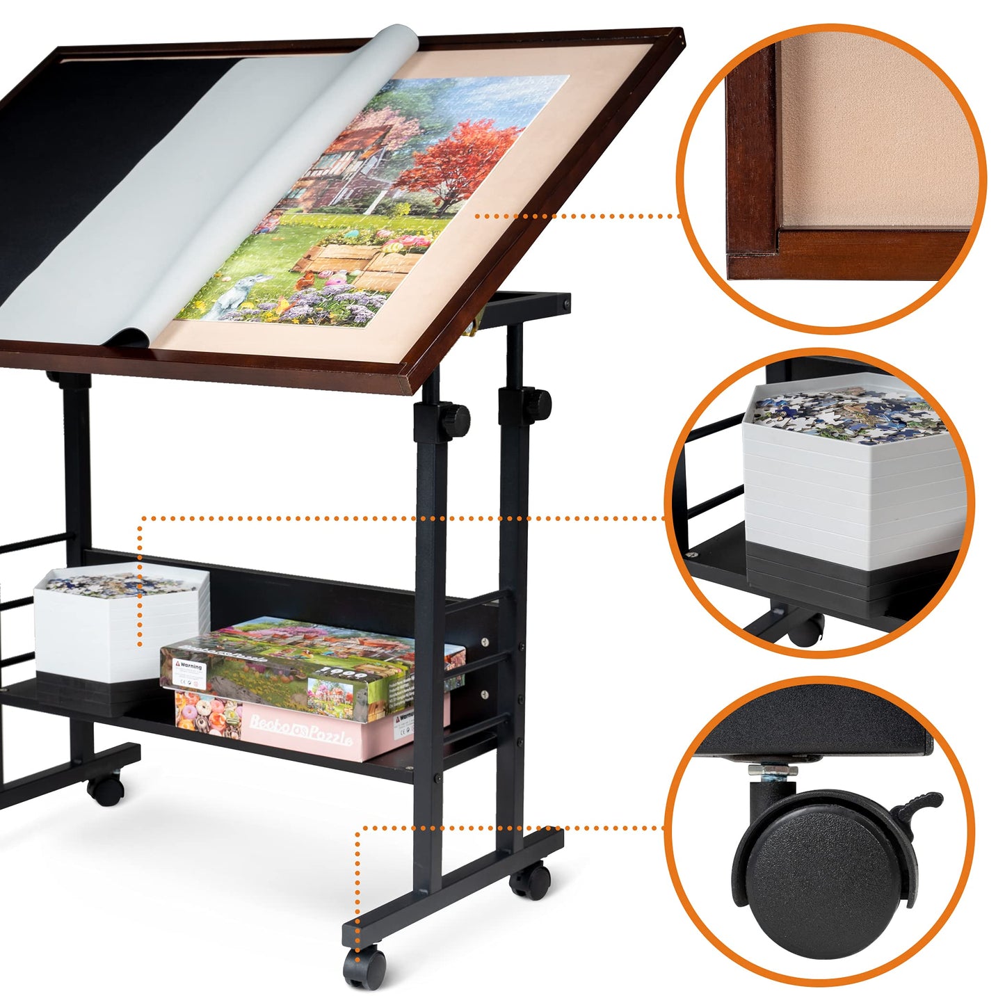 Becko US Jigsaw Puzzle Table Puzzle Board with Cover Puzzle Easel Tilting Table with Height Adjustment for Up to 1500 Pieces, Enclosed with 4 Wheels (Brown)