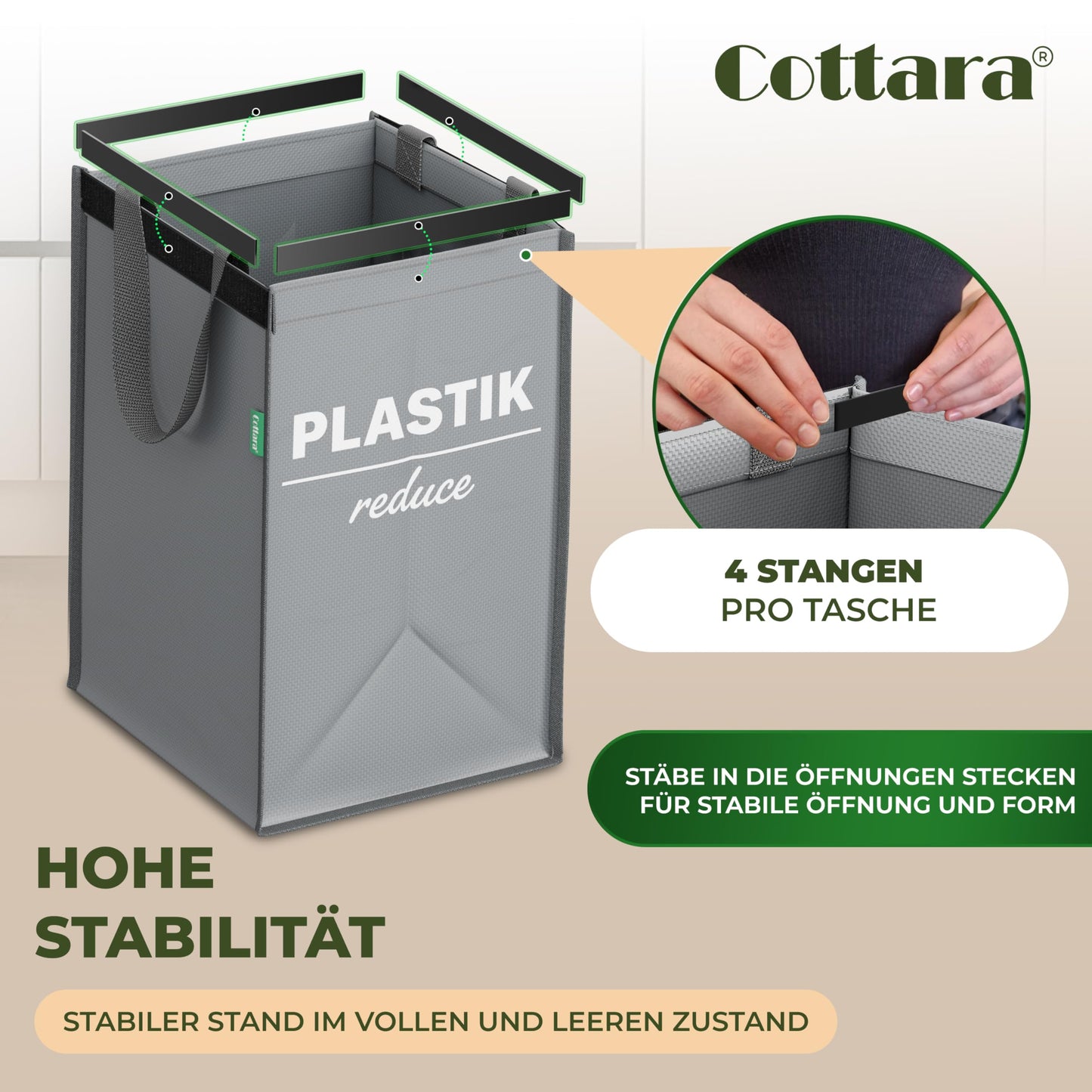 COTTARA® Waste Separation System 3-way Plastic, Glass, Paper | Stable Base with 4 Stabilizers | Ideal for separating waste, collecting deposit bottles, recycling bins, and paper collection | Gray