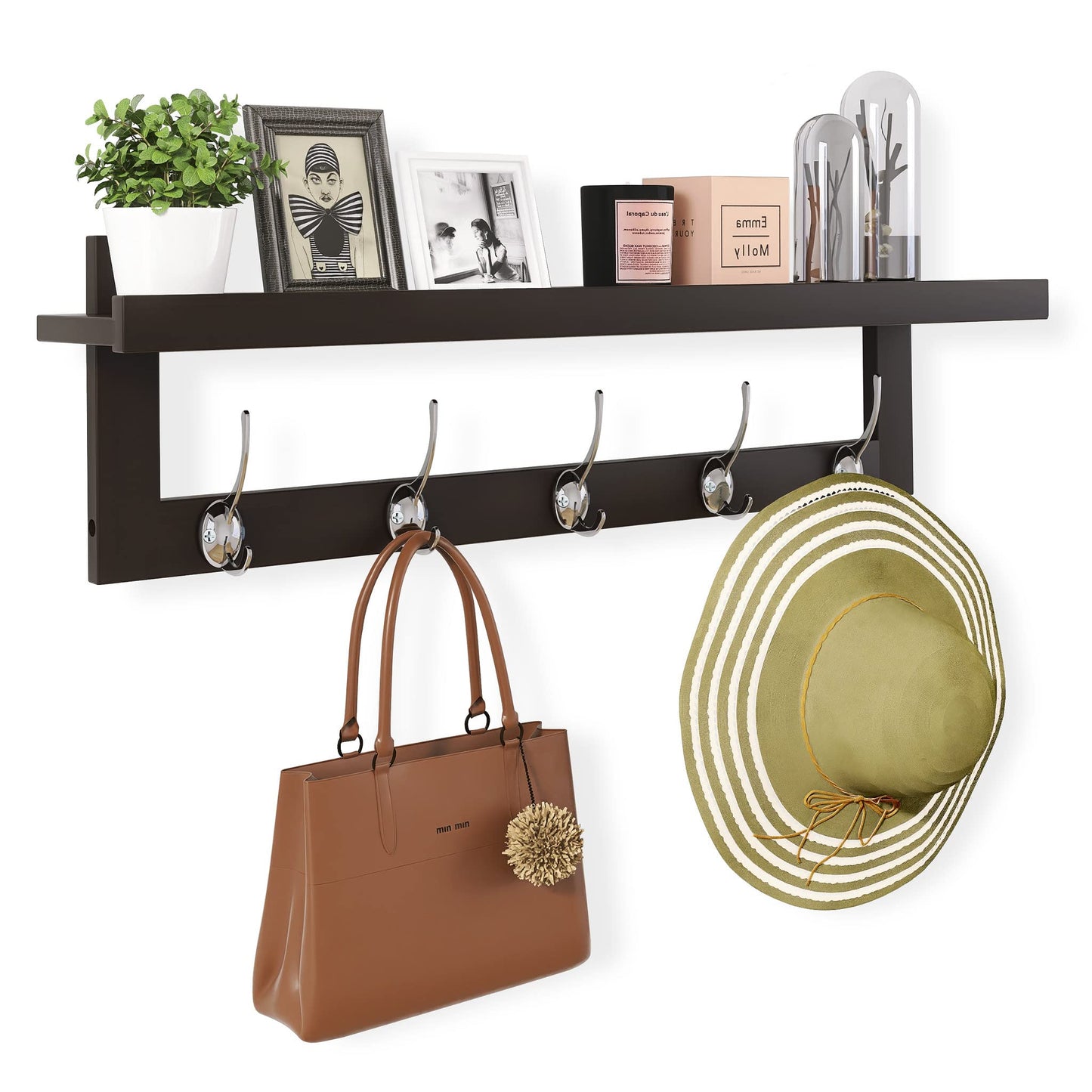 SMIBUY Coat Rack with Shelf Wall Mounted, 74 cm Entryway Organizer for Wall, Bamboo Hanging Shelf with 5 Double Metal Hooks for Bathroom, Bedroom, Kitchen (Dark Brown)