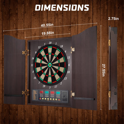 Brovamo dart board, Decorative dartboard cabinet set [12*soft tip darts], Electronic dartboard, Wooden cabinet doors with integrated scoreboard [Coffee]
