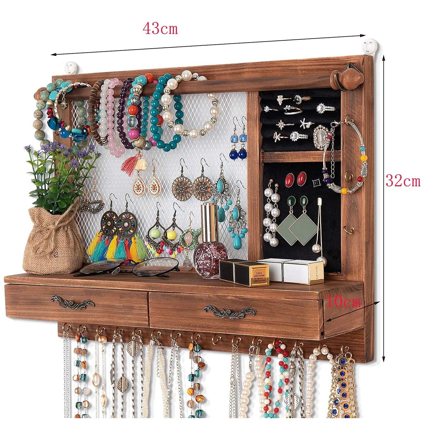 QILICZ Wall Jewelry Organizer with Bracelet Rod, 21 Hooks, Drawer Jewelry Storage for Earrings, Studs, Necklaces, Bracelets, Rings.