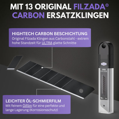 Filzada® 3x Utility Knife Professional incl. 13x Carbon Steel Blades BLACK - Utility Knife 18mm - Robust Carpet Knife Professional - Cutter Knife Set - Metal Utility Knife ULTRA SHARP