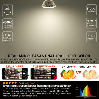 EACLL GU10 LED 4000K 10 Watt replaces 140W halogen bulbs, 6-pack. Neutral white 1050 lumens bulbs, AC 230V flicker-free spotlight, 120-degree beam angle. Non-dimmable reflector lamps.