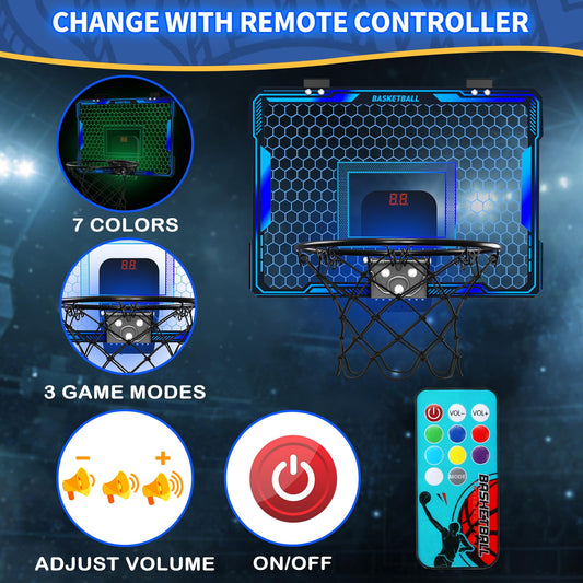 HYES Kids Basketball Hoop with Remote Control, 7 Lighting, Basketball Hoop with 3 Modes, Electronic Scoreboard, 3 Balls, Pump, Indoor Outdoor Basketball Hoop Sport Toy for Kids, Blue