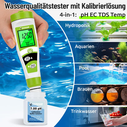 UIUZMAR Pool pH Meter Water, pH EC Meter Grow, Digital pH EC PPM Temperature Tester with pH 7.0 Calibration Solution for Pool, Hot Tub, Hydroponics, Drinking Water, Aquarium, Beer Making