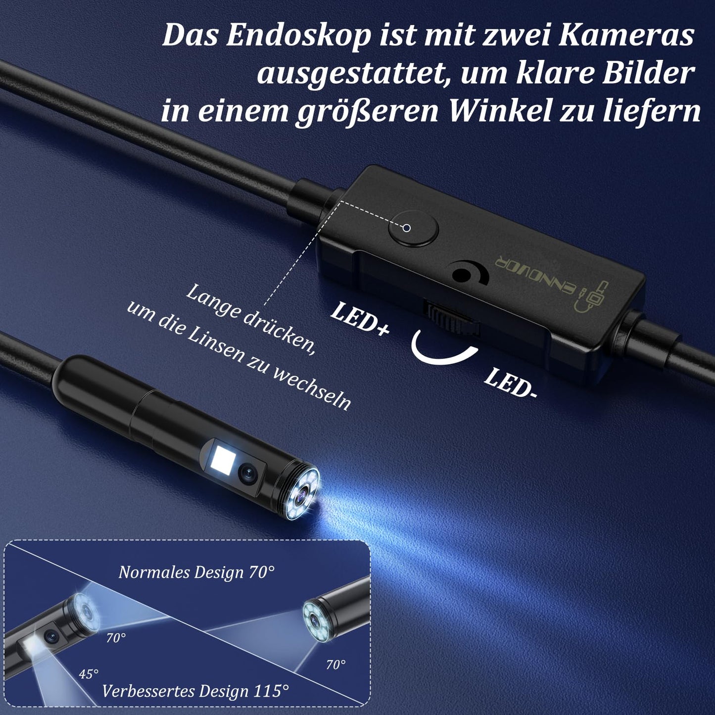 Endoscope camera with light, 1920P HD tube camera with dual lens, IP67 waterproof endoscope with 8+1 LEDs, 5M semi-rigid cable, inspection camera for Android iOS mobile phones, sewer pipe camera.