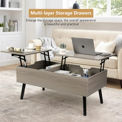 VOWNER coffee table, adjustable height, retractable, hidden storage compartment, double lift top, side table, light gray.