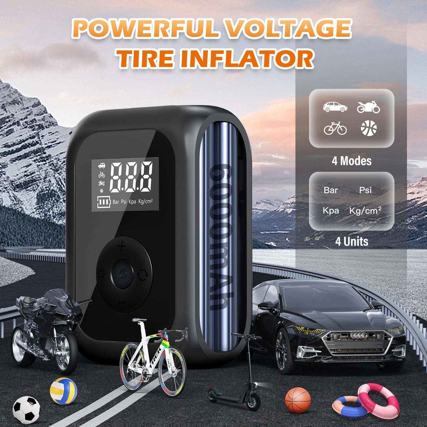 Electric bike pump 6000mAh, mini compressor for tires 10.3 bar, cordless portable battery air pump with auto stop, 150 PSI battery air pump for car, bicycle, motorcycle, balls.