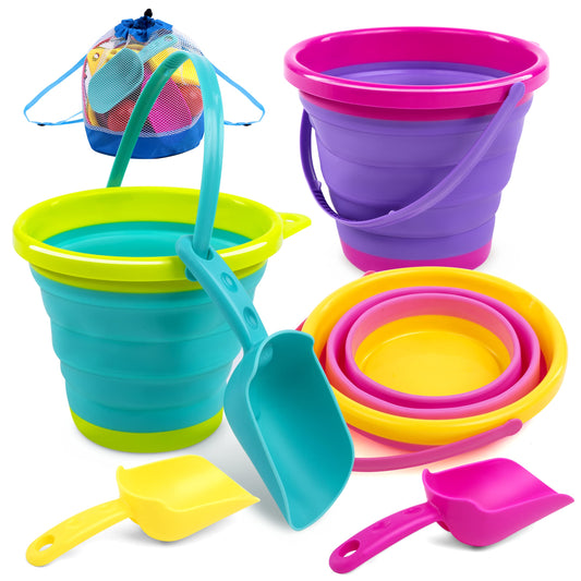 JOYIN 3 Pack Foldable Beach Bucket Set, Sandbox Foldable Sand Toy Bucket with Mesh Backpack for Kids, Camping Gear, Sand Party.