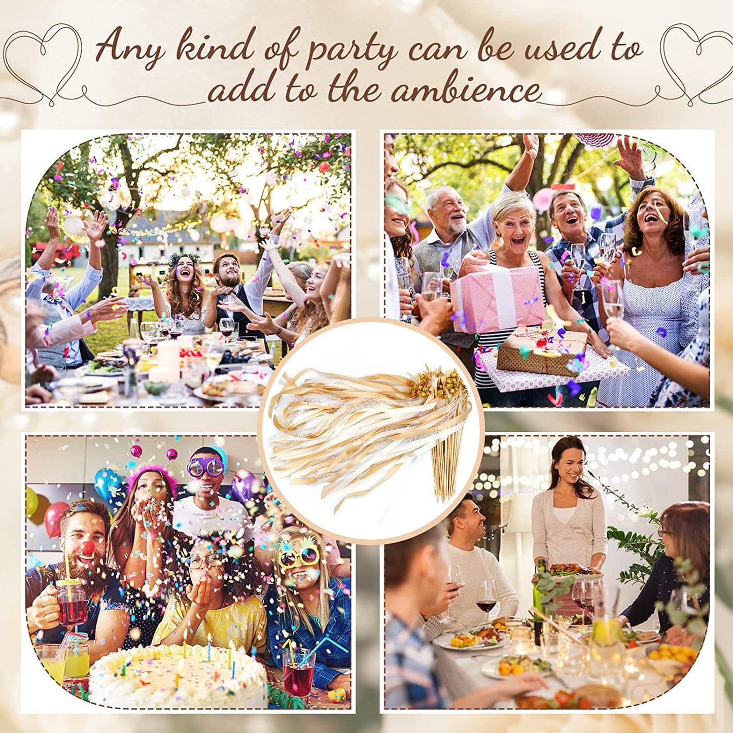 Wedding Wands, 50 sticks with 100 large bells and 150 wedding ribbons, silk fairy wand, party favors, magic wands wedding streamers for weddings, birthdays, holiday celebrations.